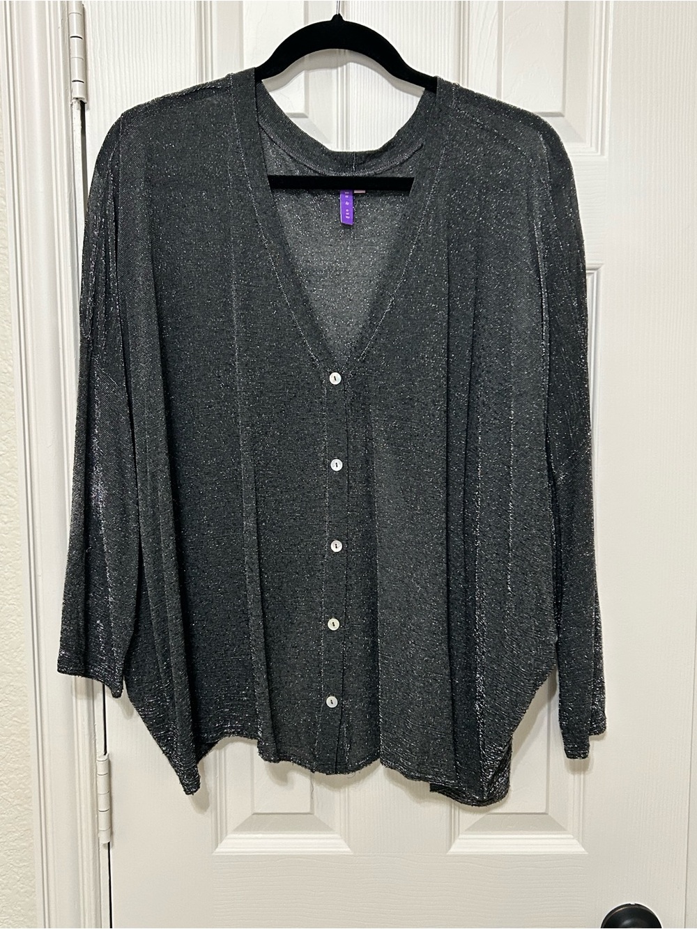 Emma & Sam Black Silver Lurex Shimmery Button-Front Top with open back L night